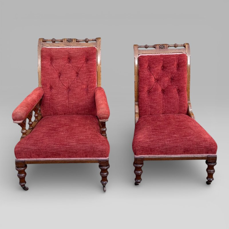 Antique Victorian Pair Of Ladies And Gentlemen’s Red Gothic Revival Oak Chairs - Image 2